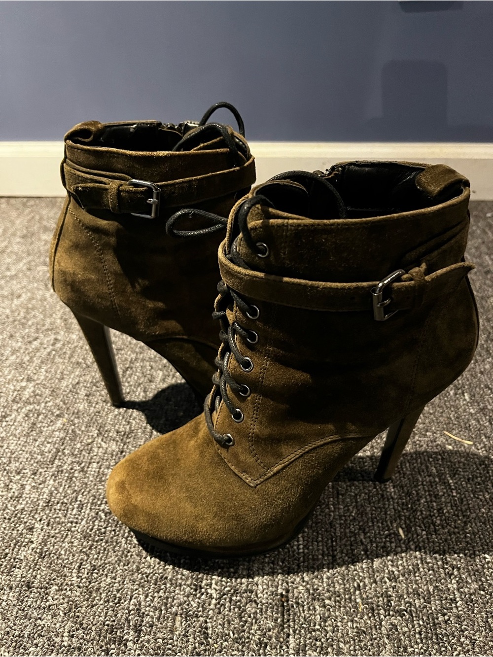 Also Women's Olive Suede Lace-Up Ankle Boots with Buckle